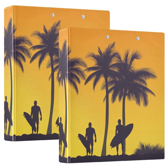 Men with Surfboards Palm Trees Round Ring Binder 3 Rings 1.5" Capacity File Storage for A4 Size 2 Pack