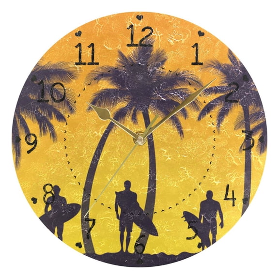Men with Surfboards Palm Trees Round Wall Clock Silent Analog Battery Operated Gold Pointer Home Decor 9.84" Diameter