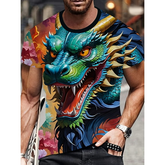 Men3D Dragon Printing T-shirt - Casual Round Neck Short Sleeve T-shirt, Polyester Knitting Fabric with Slight Elasticity, Suitable for Outdoor Activities