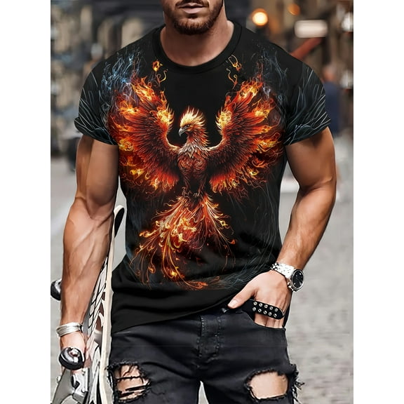 MenFashion3D Novelty T-Shirt, Casual Crew Neck, 100% Polyester Knitting Fabric, Slightly Elastic, Regular Fit, 110g/m2 - Bright Phoenix Printing Design