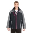 thumbnail image 1 of North End NE700 Hardshell Coat Men's Embark Interactive Colorblock Shell with Reflective Printed Panels, XL, BLK/ GRP/ CL RD, 1 of 5