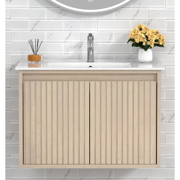 Mena 30" Wall Mounted Single Bathroom Vanity, 31"W x 22"D x 19"H, Porcelain Top & Sink, Coastal oak, MDF, Paper Laminate, Pre-Assembled, Soft-Close Doors, Grooved handles, Floating Design.