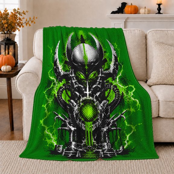 Menacing Alien Face Design Neon Green, Dramatic Fantasy Scene, Warm Flannel Blanket for Living Room and Bedroom, Art Lovers Housewarming Gift, Fantasy Home Decor