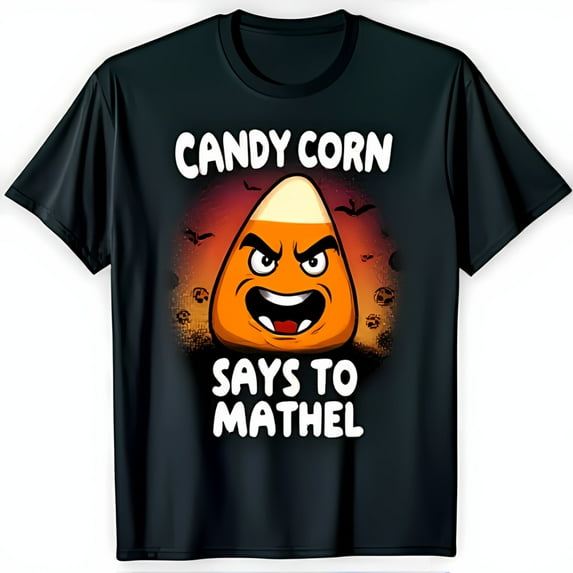 Menacing Cartoon Candy Corn Halloween T-Shirt Black Tee with Bats & Candy Shapes