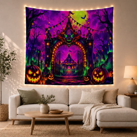 Menacing Skull with Glowing Eyes in a Haunted Archway, Eerie Gothic for Halloween Enthusiasts, Spooky Castle Scene Art, Halloween Gift, Tapestry Wall Hanging for Bedroom and Living Room