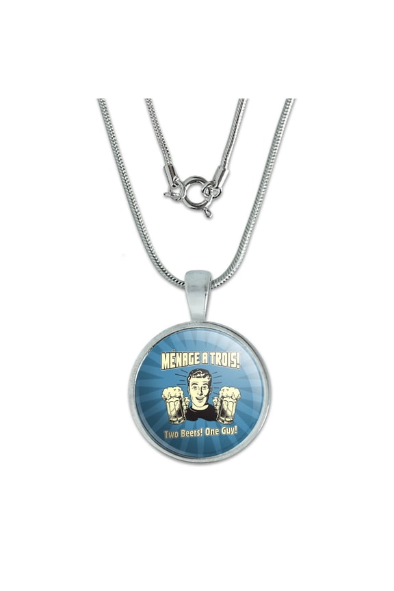 Menage A Trois Threesome Two Beers One Guy Funny Humor Retro 0.75" Pendant with Sterling Silver Plated Chain