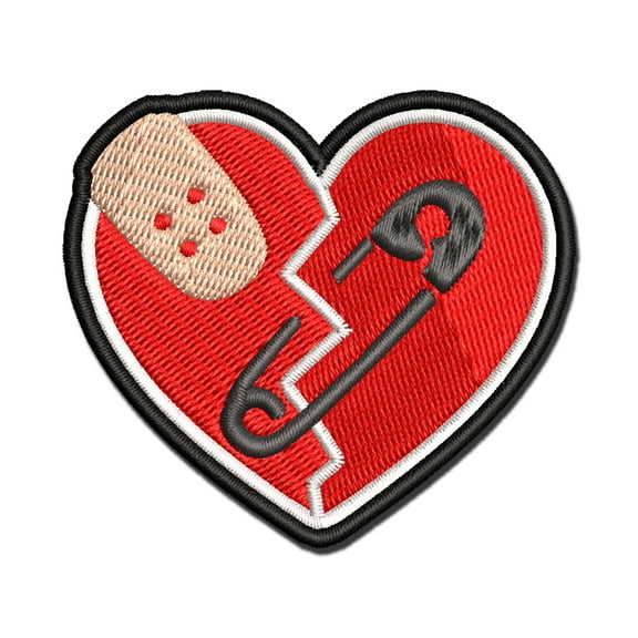 Mended Broken Heart Bandage Safety Pin Applique Multi-Color Embroidered Iron-On Patch - 2.0 Inch Mini