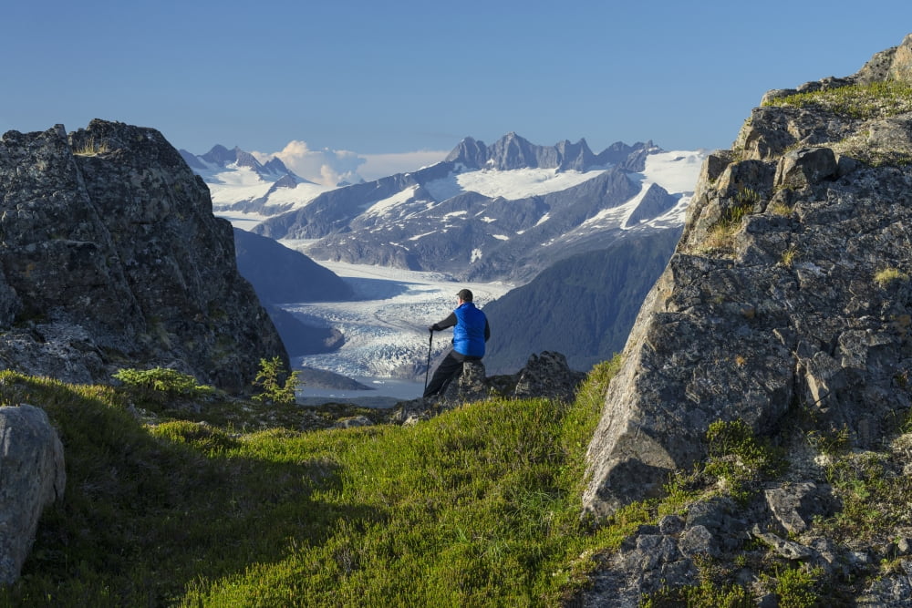 Mendenhall Glacier and the surrounding mountains provide a view for hiker on Douglas Island in Tongass National Forest Juneau Alaska Canvas Art - John Hyde Design Pics (38 x 24)