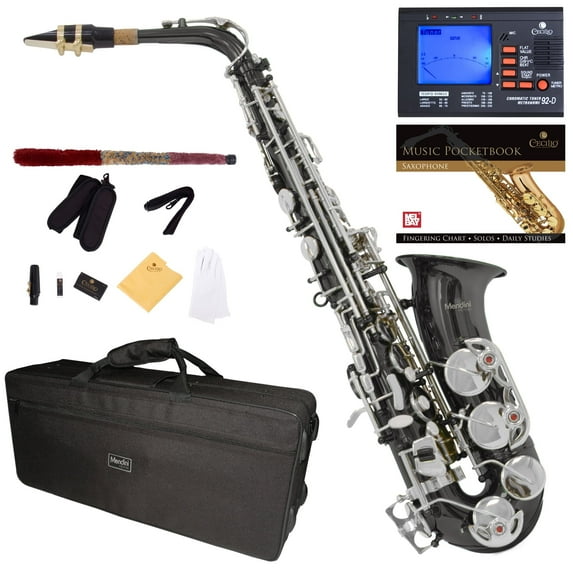 Mendini Black Nickel Plated Silver Keys Eb Alto Saxophone with Tuner, 10 Reeds, Pocketbook, Mouthpiece and Case, MAS-BNN