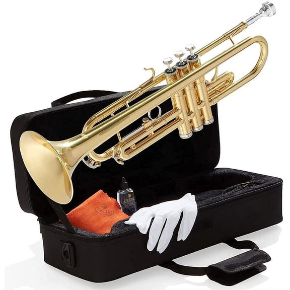 Mendini By Cecilio Bb Trumpet, Trumpets for Beginner or Advanced Student with Case, Cloth, Oil, Gloves, Brass Musical Instruments For Kids & Adults