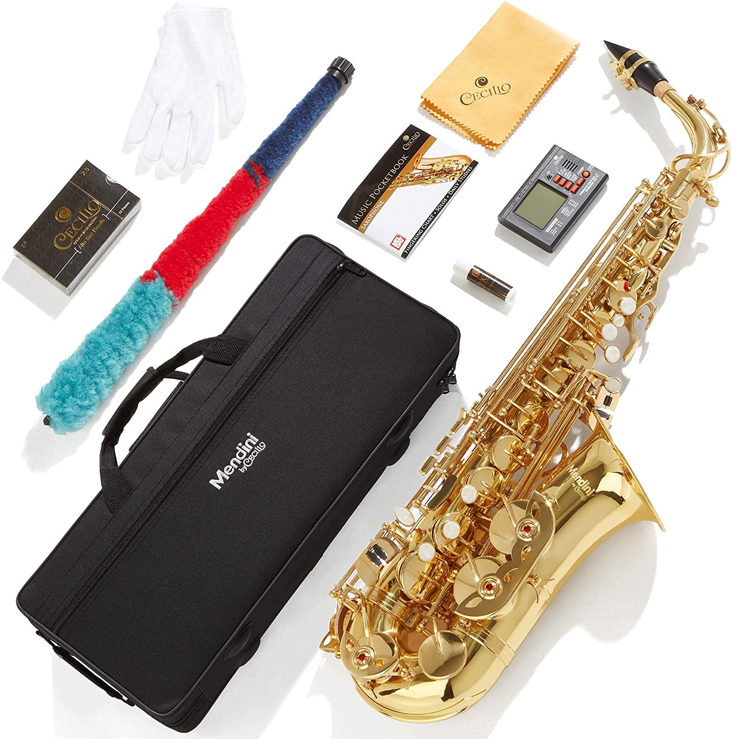 Mendini By Cecilio Eb Alto Saxophone - Case, Tuner, Mouthpiece, 10 Reeds, Pocketbook- MAS-BK r E Flat Musical Instruments - image 1 of 8