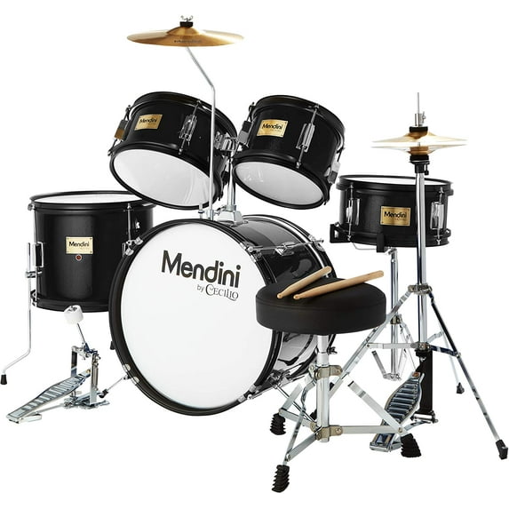 Mendini By Cecilio Kids Drum Set - Starter Drums Kit with Bass, Toms, Snare, Cymbal, Hi-Hat, Drumsticks & Seat - Musical Instruments Beginner Sets Teen And Tween, Black Drum Set