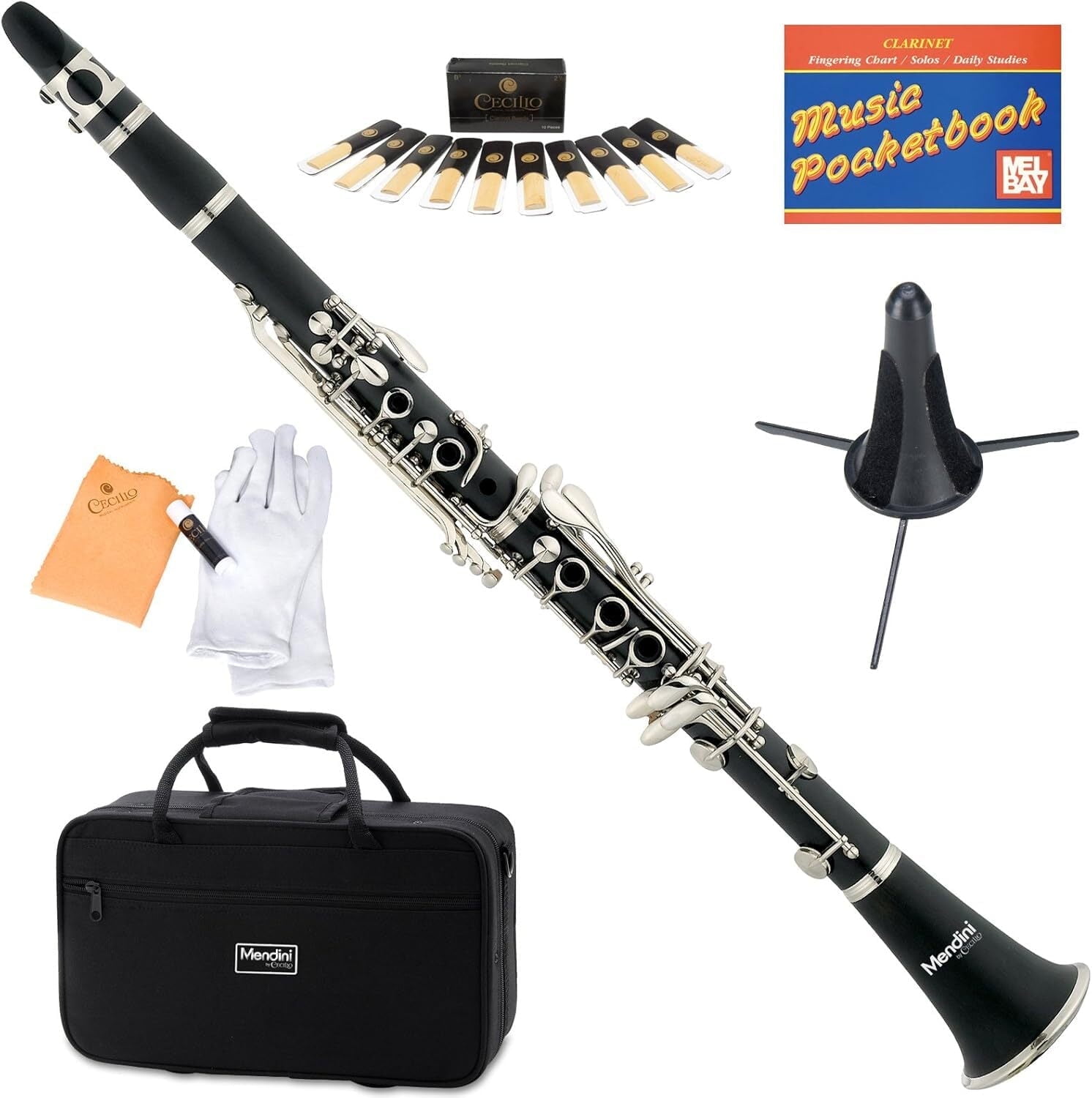Mendini by Cecillio Bb Clarinet - Woodwind Band \u0026 Orchestra Musical Instruments for Beginners - Includes Case, Stand, Pocketbook, Mouthpiece, 10 Reeds