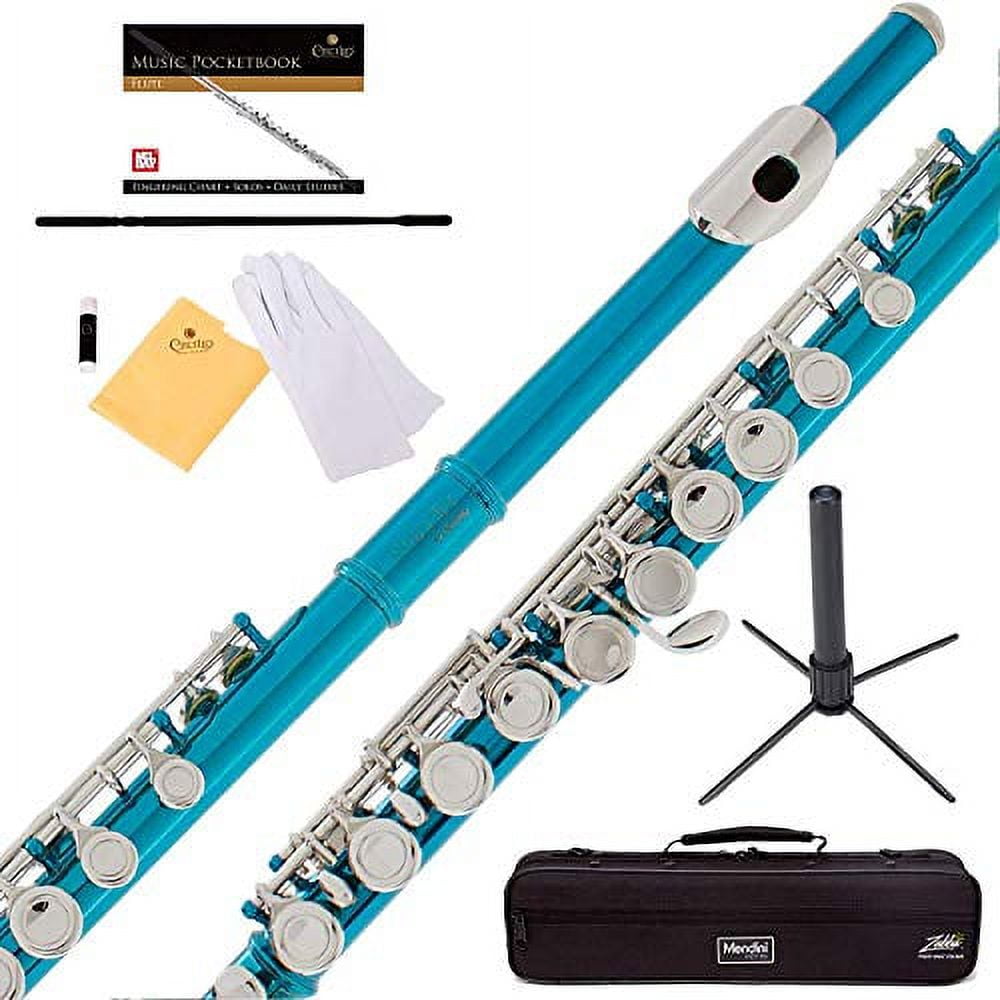 Mendini Sky Blue Closed Hole C Flute with Stand, Case, Cleaning Rod
