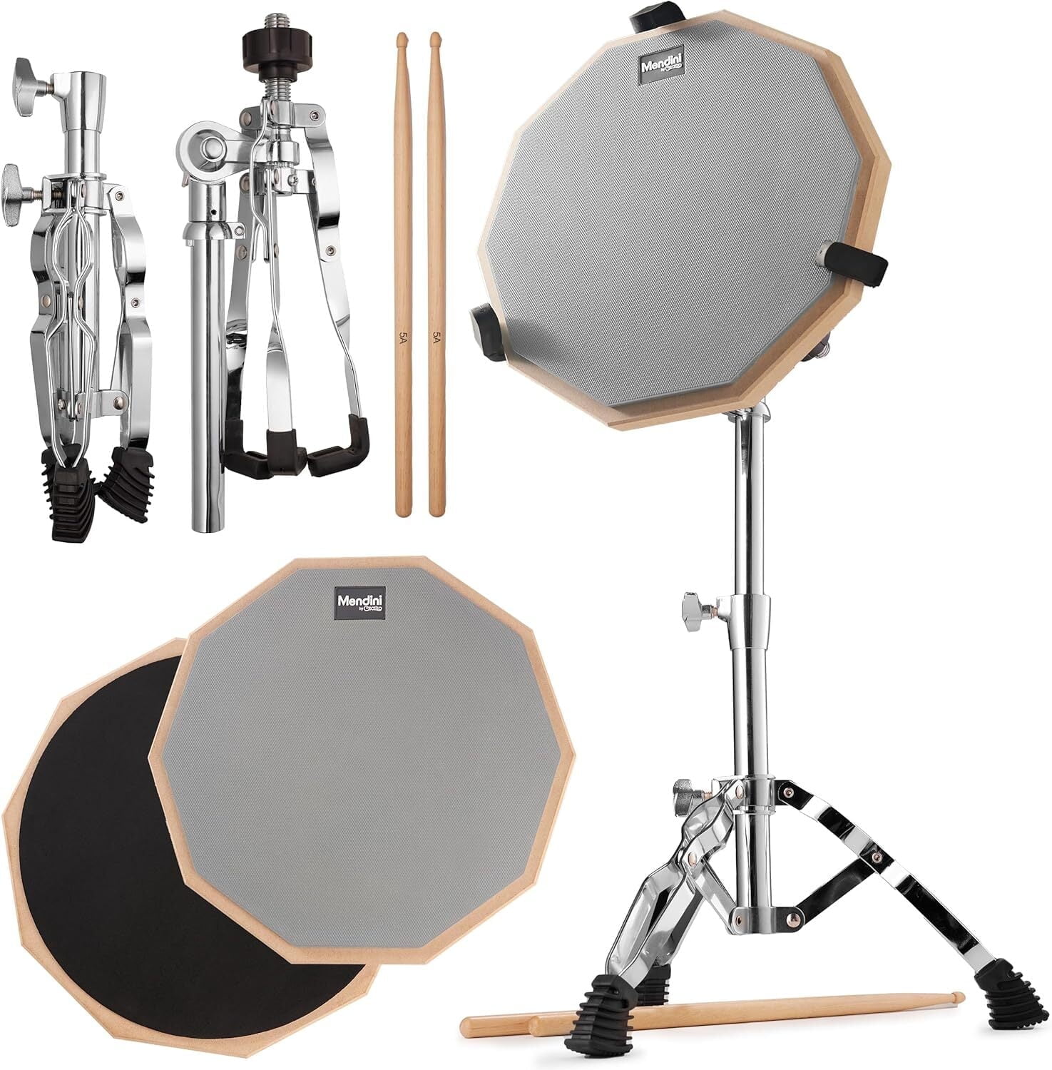 Mendini 12 Inch Double-Sided Snare Drum Practice Pad Kit with Adjustable Stand and Sticks - Grey