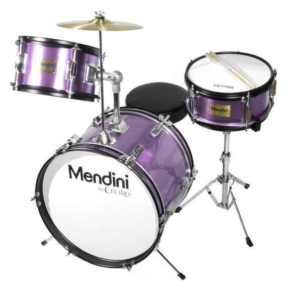 Mendini by Cecilio 16" 3-Piece Kids, Junior Drum Set with Adjustable Throne, Cymbal, Pedal & Drumsticks, Metallic Purple, Child