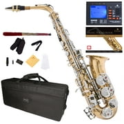Mendini by Cecilio Eb Alto Sax With Tuner, Case, Mouthpiece, 10 Reeds, Pocketbook, MAS-LN Gold Lacquer Body with Nickel Plated Key E Flat Saxophone