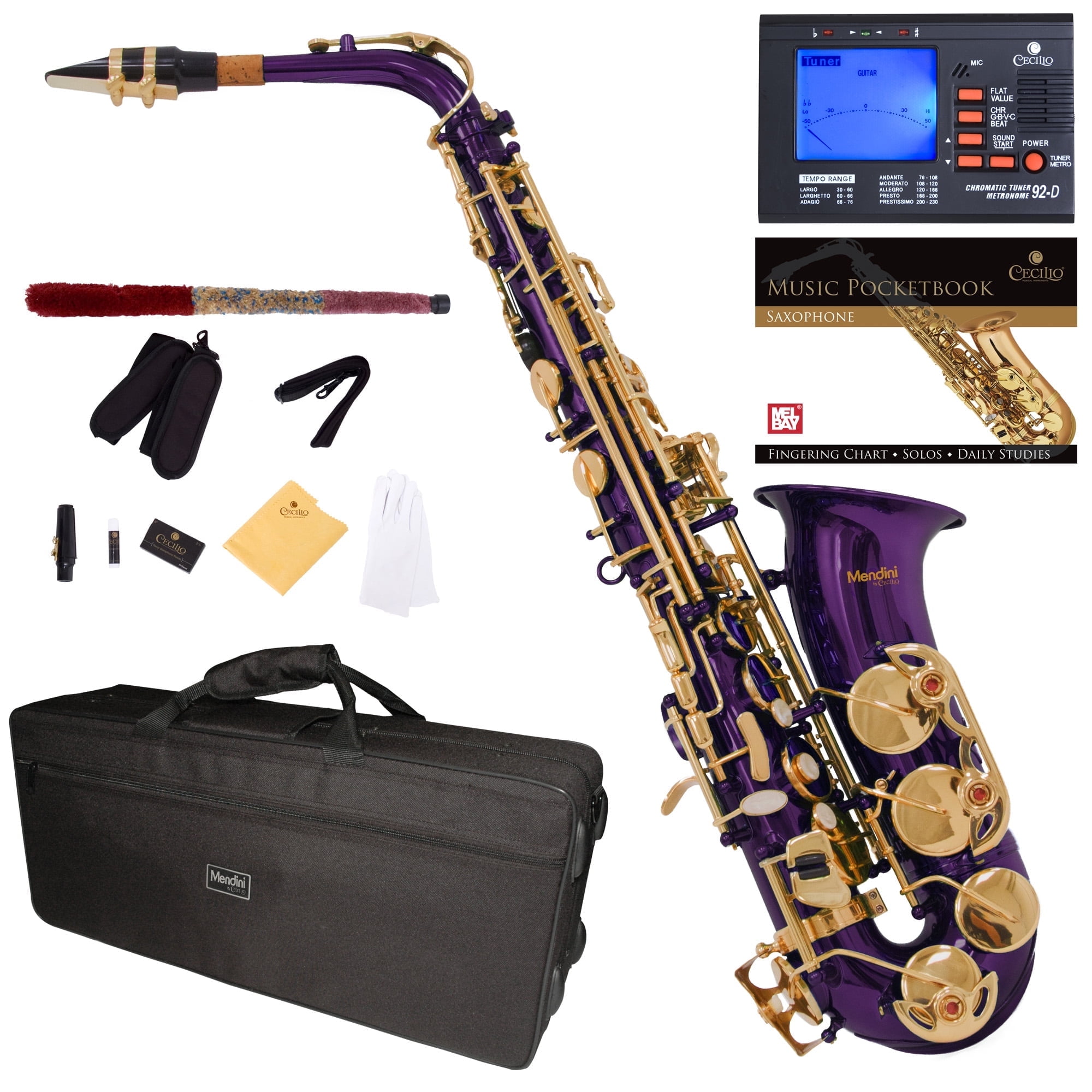 Mendini by Cecilio Eb Alto Sax w/Tuner, Case, Mouthpiece, 10