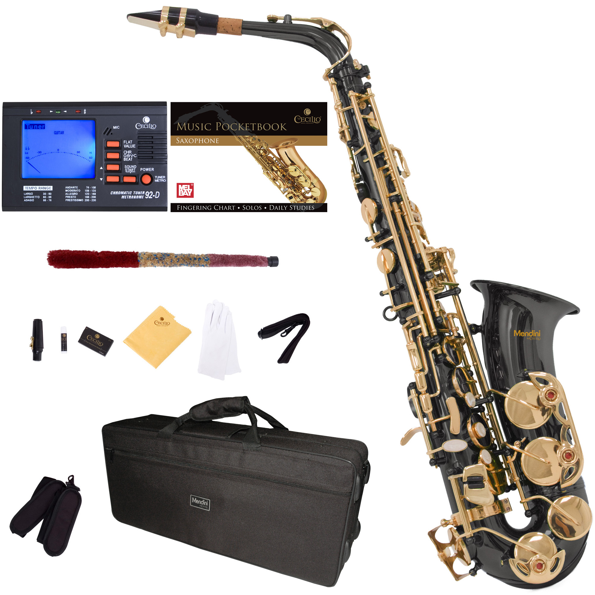 Mendini by Cecilio Eb Alto Sax with Tuner, Case, Mouthpiece, 10 Reeds