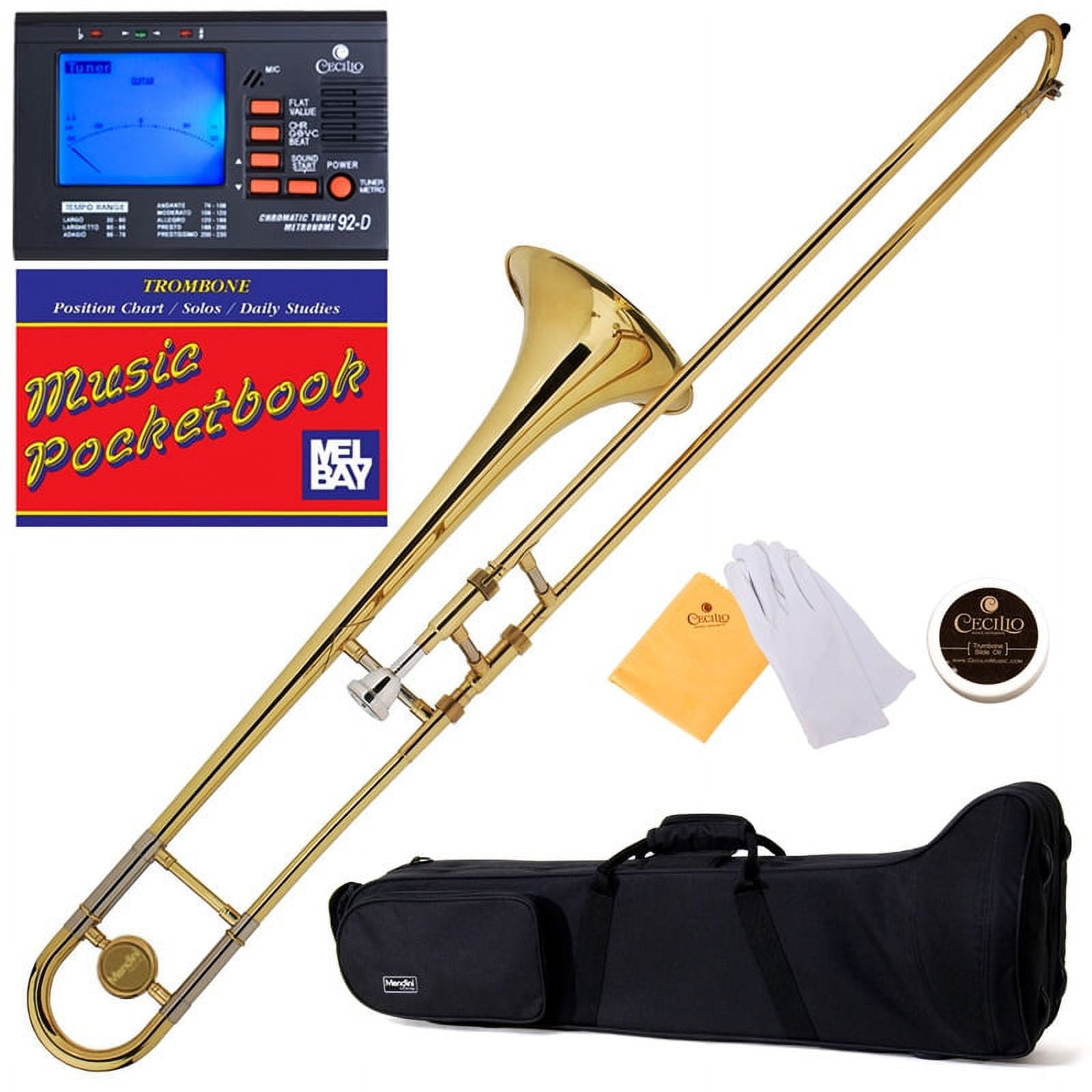 Mendini by Cecilio MTB-L Gold Lacquer Bb Tenor Slide Trombone, Tuner,  Durable Deluxe Case and Pocketbook 