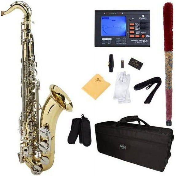 Mendini by Cecilio Tenor Saxophone, L+92D B Flat, Case, Tuner, Mouthpiece, Gold with Nickel Keys