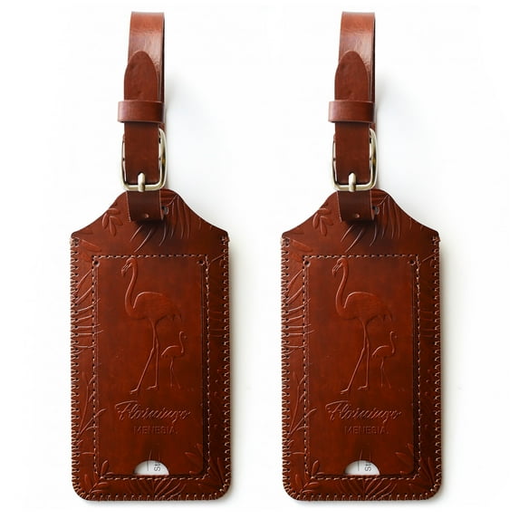Menesia 2 Pack Luggage Tags for Men, Brown Bird Faux Leather Travel Luggage Tag for Suitcases Bag, Baggage Name Tags Set for Luggage