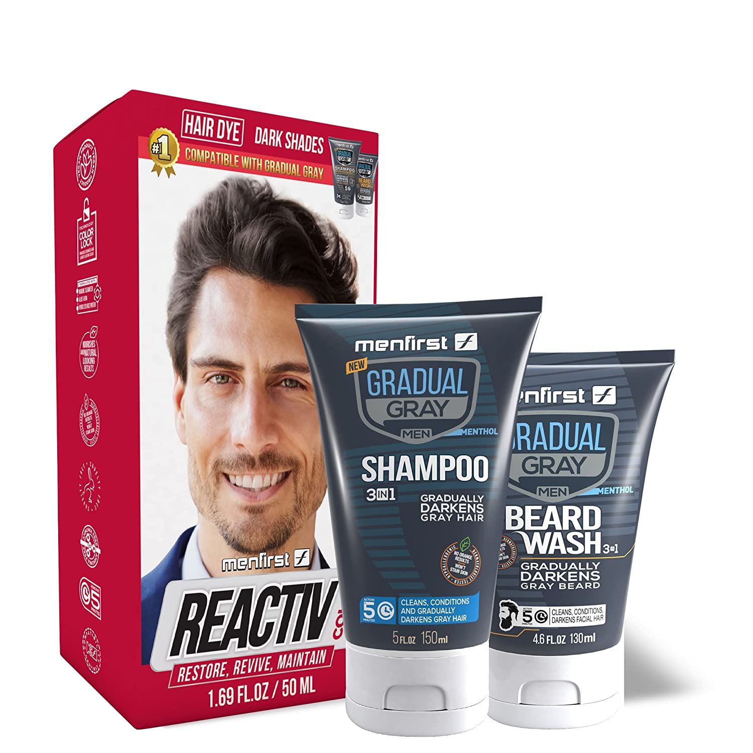 Menfirst Reactiv Hair Dye with Hair Shampoo Dark Shade & Beard Wash - 3 Pack - image 1 of 6