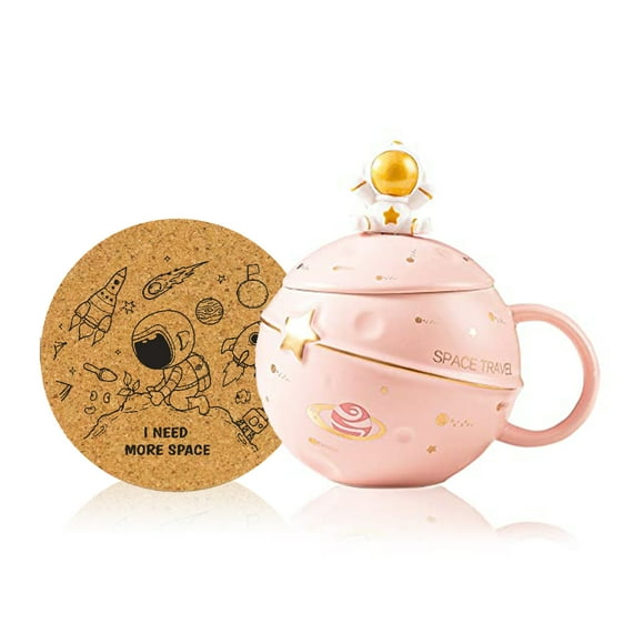 MengCat Astronaut Cup Space Embossed Planet Mug Cute Ceramic Coffee Mug  with Lid and Spoon (Pink)