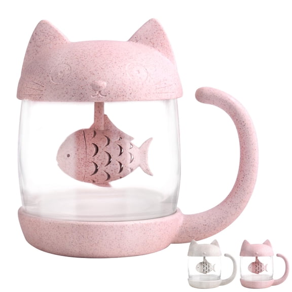 Mengcat  Cute Cat Glass Tea Cup  with Fish  Infuser Tea Coffee Drinking Mug with Cat Shape Lid for Loose Leaf Glass Cup  8Oz  Pink