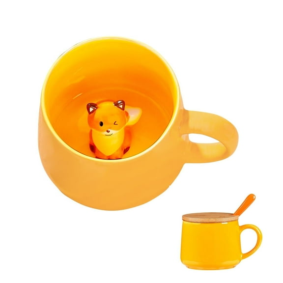 Mengcat Kawaii Fox Mug with 3D Fox Inside Ceramic Coffee Mug Cute Cup with Lid and Spoon  12oz