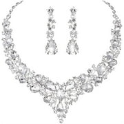Mengen Elegant Crystal Statement Necklace Earrings Set for Bride Bridesmaids Wedding Prom Costume Jewellery Sets