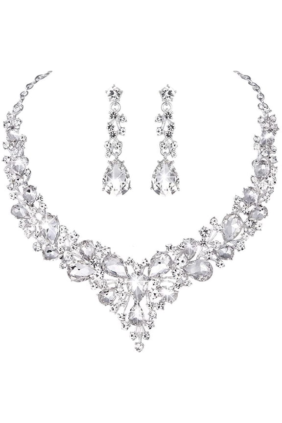 Mengen Elegant Statement Necklace Earrings Set for Bride Bridesmaids Crystal Bridal Wedding Prom Costume Jewellery Sets Women