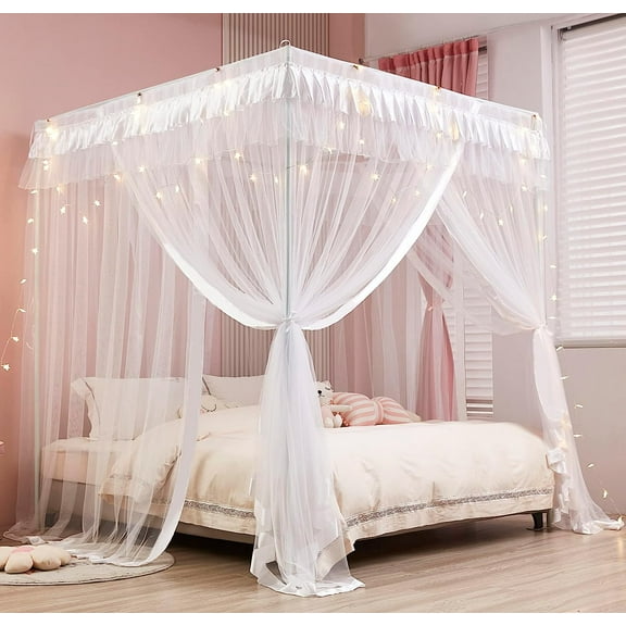 Mengersi 4 Corners Post Canopy Bed Curtains for Girls Kids Adults Queen Size- Cute Cozy Drape Square Netting - 4 Opening Mosquito Net - Princess Bedroom Decoration Gift