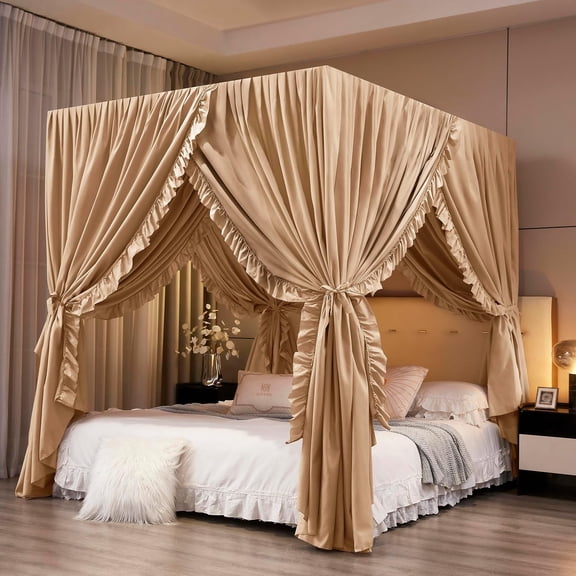 Mengersi Canopy Bed Curtains Full Size,Royal Breathable Private Space-Elegant Bed Curtains Bedroom Decor for Adults,Champagne