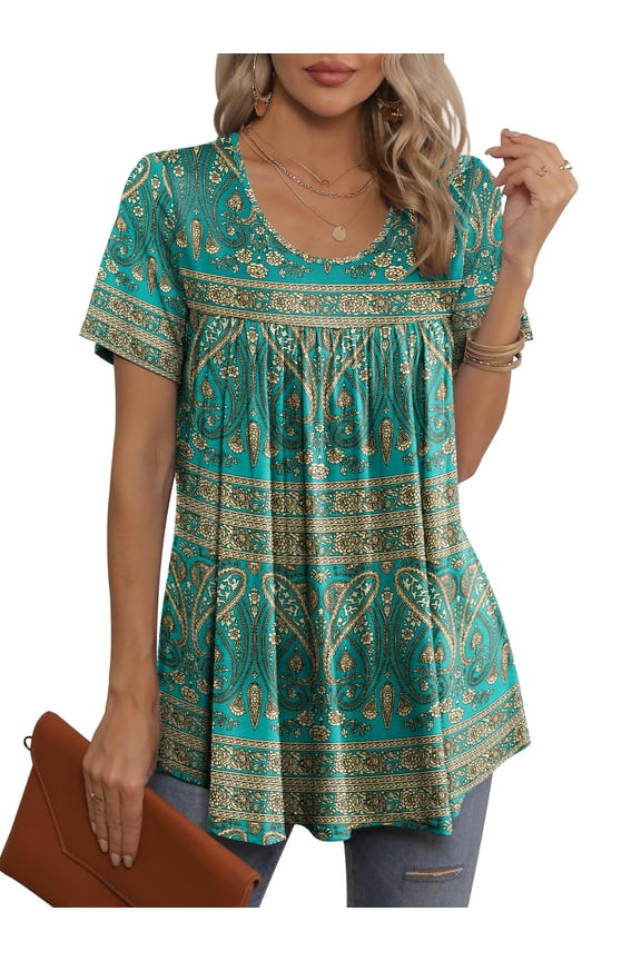 Blouses for Women Casual Crew Neck Short Sleeve Tunic Tops, Turquoise-XL(US 16-18)