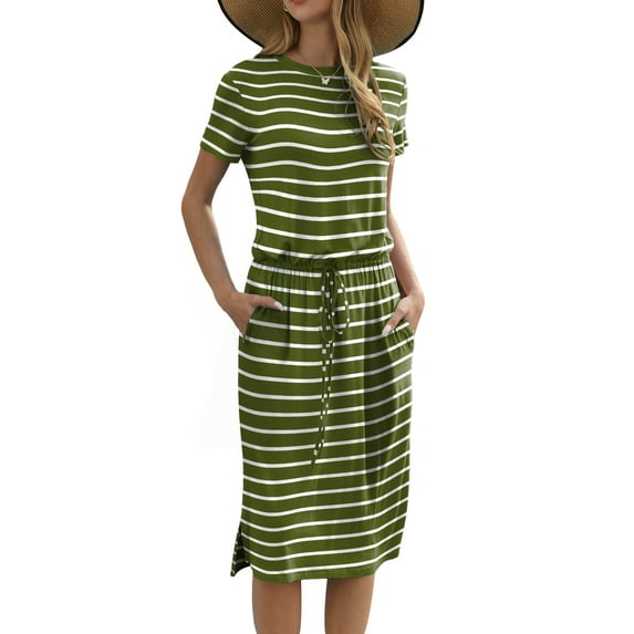 Mengpipi Dresses for Women Casual Loose Short Sleeve Tie Waist with Pockets, Green-Stripes-S(US 4-6)