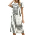 thumbnail image 1 of Mengpipi Dresses for Women Casual Loose Short Sleeve Tie Waist with Pockets, White-Stripes-S(US 4-6), 1 of 8