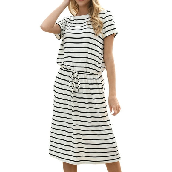 Mengpipi Dresses for Women Casual Loose Short Sleeve Tie Waist with Pockets, White-Stripes-XXL(US 20-22)