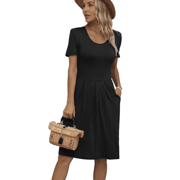 Mengpipi Dresses for Women Summer Casual Crew Neck Loose Flowy with Pockets, Black-L(US 12-14)