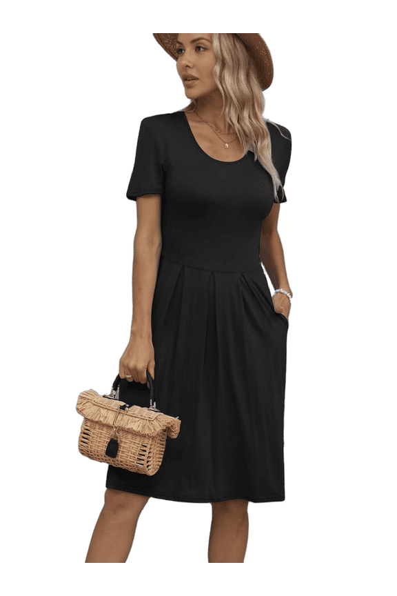 Dresses for Women Summer Casual Crew Neck Loose Flowy with Pockets, Black-L(US 12-14)