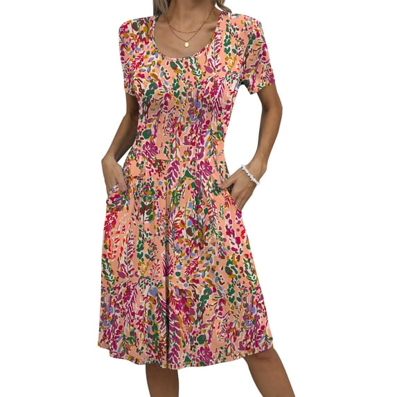 Mengpipi Dresses for Women Summer Casual Crew Neck Loose Flowy with Pockets, Colorful Leaves-XL(US 16-18)