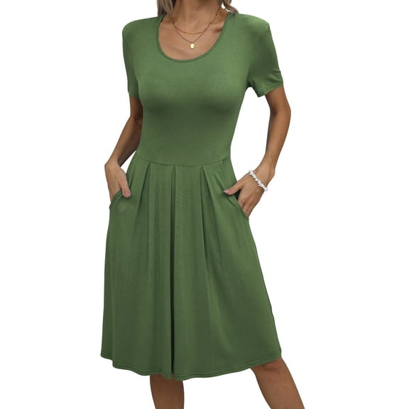 Mengpipi Dresses for Women Summer Casual Crew Neck Loose Flowy with Pockets, Olive green-L(US 12-14)