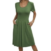 Mengpipi Dresses for Women Summer Casual Crew Neck Loose Flowy with Pockets, Burgundy-S(US 4-6)