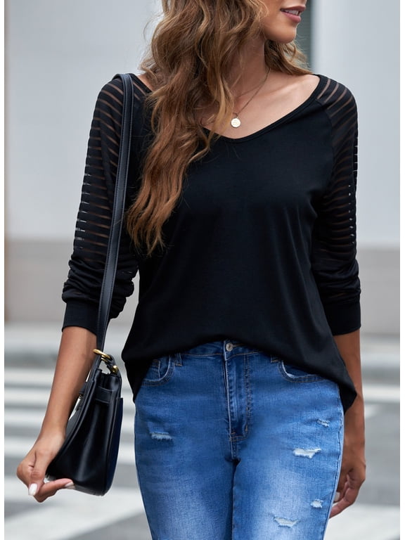 Long Sleeve Shirts for Women Striped Sheer Sleeve Tops Casual V Neck Loose Blouses Trendy Black, L(US 12-14)