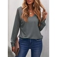 thumbnail image 1 of Mengpipi Long Sleeve Shirts for Women Striped Sheer Sleeve Tops Casual V Neck Loose Blouses Trendy Gray, L(US 12-14), 1 of 5