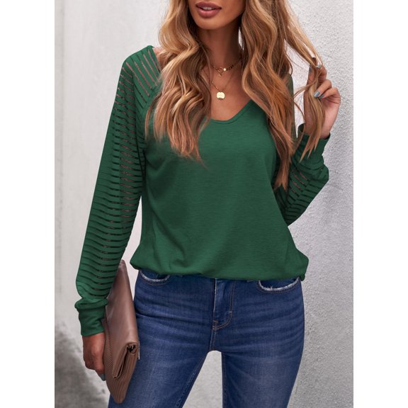 Mengpipi Long Sleeve Shirts for Women Striped Sheer Sleeve Tops Casual V Neck Loose Blouses Trendy Green, XL(US 16-18)