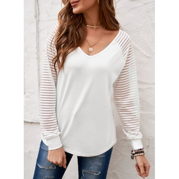 Mengpipi Long Sleeve Shirts for Women Striped Sheer Sleeve Tops Casual V Neck Loose Blouses Trendy White, S(US 4-6)