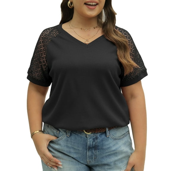 Mengpipi Plus Size Tops for Women Waffle Knit Lace Short Sleeve Blouse Casual Loose Summer T Shirts Black 1X-4X
