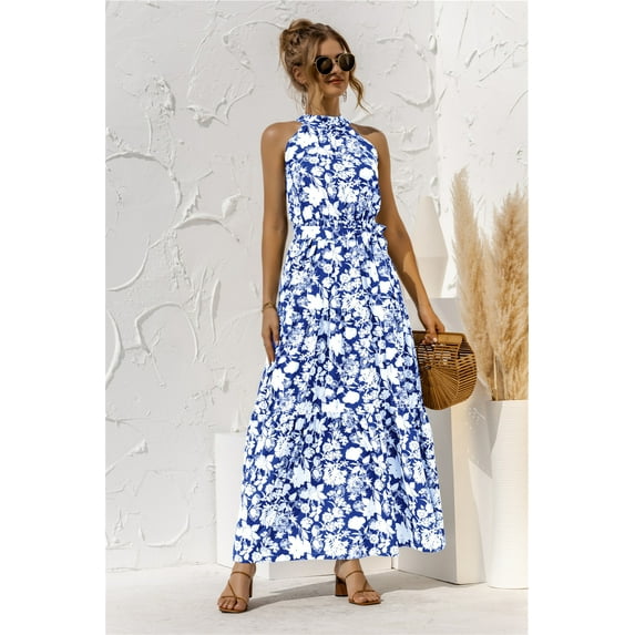 Mengpipi Summer Floral Dresses for Women Sleeveless Maxi Dress Loose Sundress with Belt, Beige-L(US 8-10)