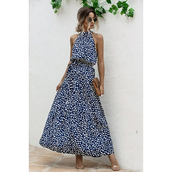 Mengpipi Summer Halter Dresses for Women High Waist Sleeveless Maxi Dress Sundress with Belt, Royal blue-S(US 4)